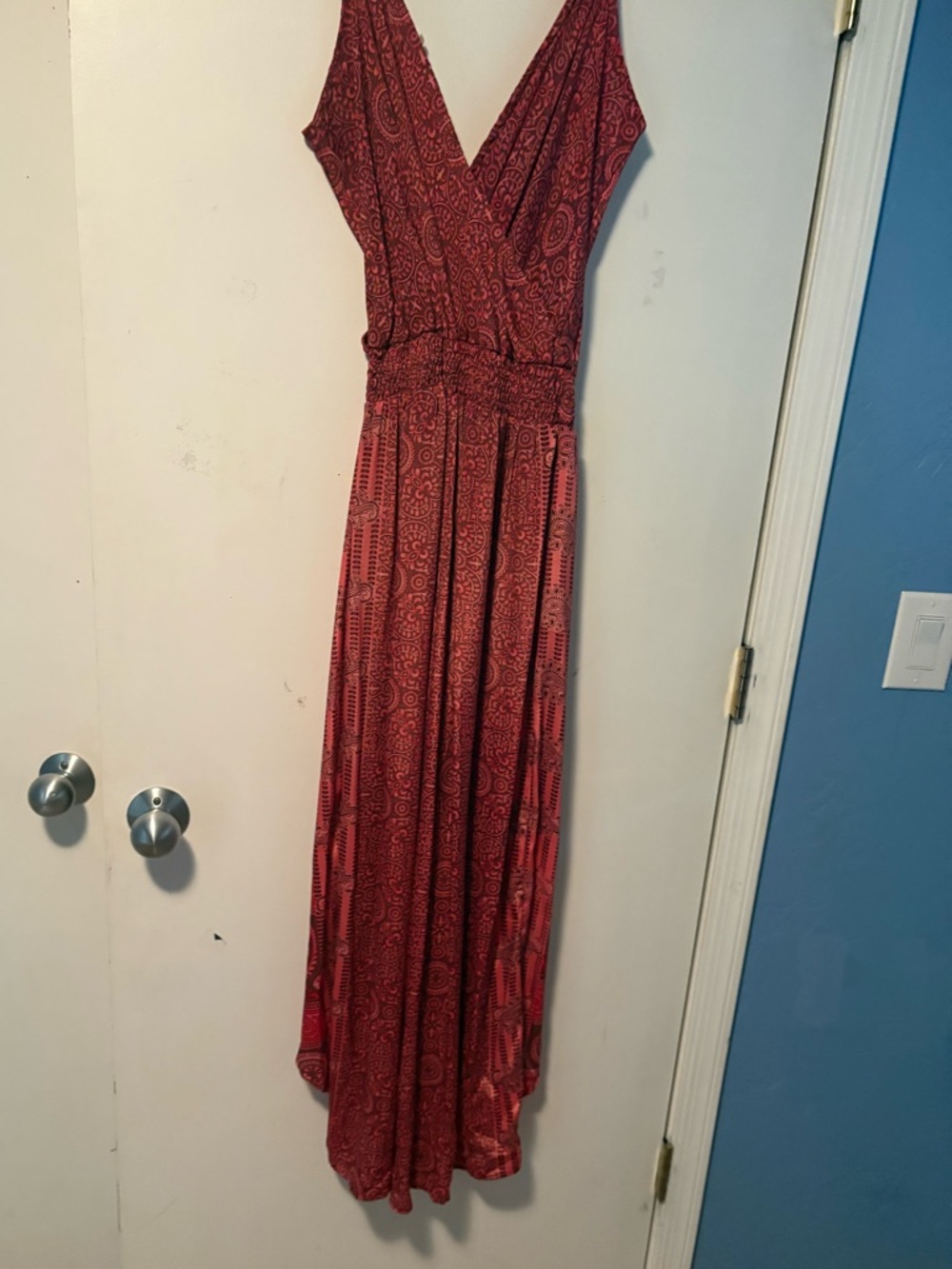 Red Patterned V-Neck Maxi Jumpsuit - Brand Unknown